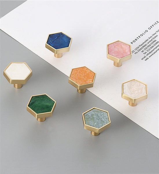 Brushed Brass Knobs, Solid Brass Cabinet Knobs, 1.18"(30mm) Hexagon Dresser Knobs for Modern Home Décor