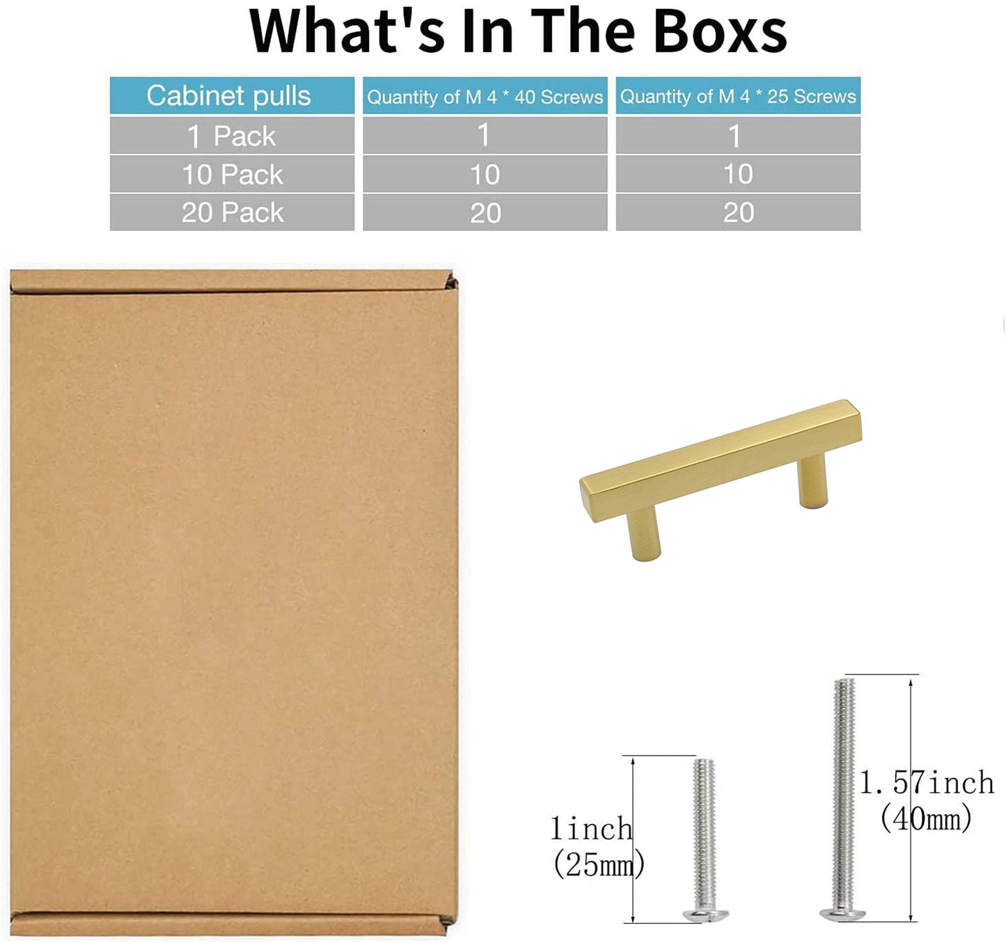 Modern Square Cabinet Pull Handle, 4-inch Length (2.5-inch Hole Center), Brushed Brass Cabinet Pulls for Dresser Drawers