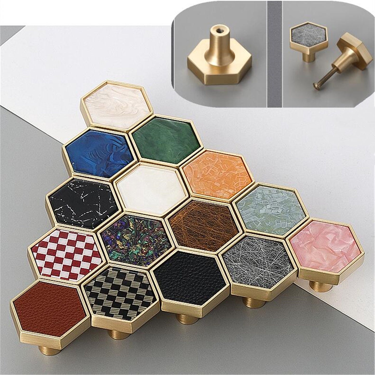 Brushed Brass Decorative Cabinet Hexagon Knobs，1.18"(30mm) Hexagon Solid Cabinet Knobs for Home，Kitchen，Bathroom，Office and More
