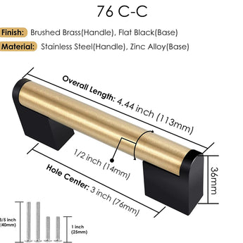 Brushed Brass Square Cabinet Handle Stainless Steel Drawer Pulls，Gold Kitchen Cabinet Pulls with Black Base for Kitchen Bath Bedroom